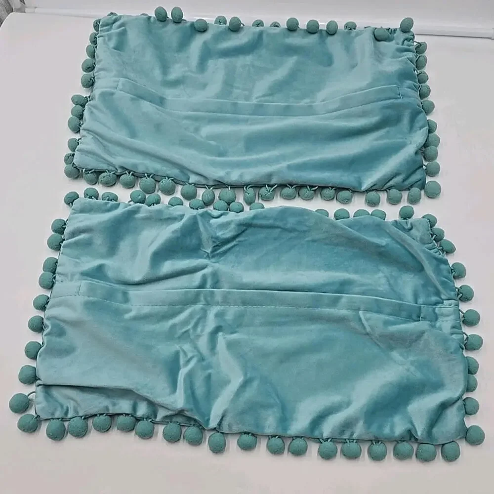 2 Velvet Throw Pillow Covers Mint Green‎ Pompom 70's Pillowcases 12x20